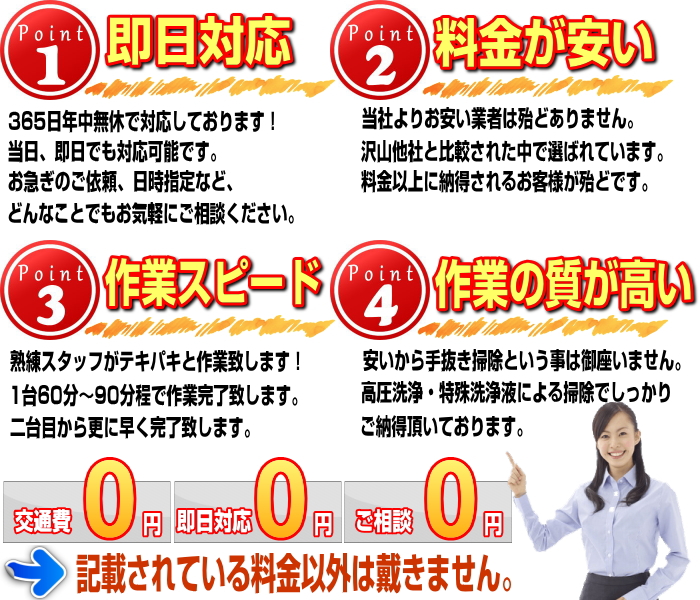 お客様に選ばれる理由としてエアコン掃除作業スピードが速い・エアコンクリーニングの料金が安い・エアコン清掃の作業レベルが高い!1台でも2台でも料金は変わらず1台5000円にて対応しております。