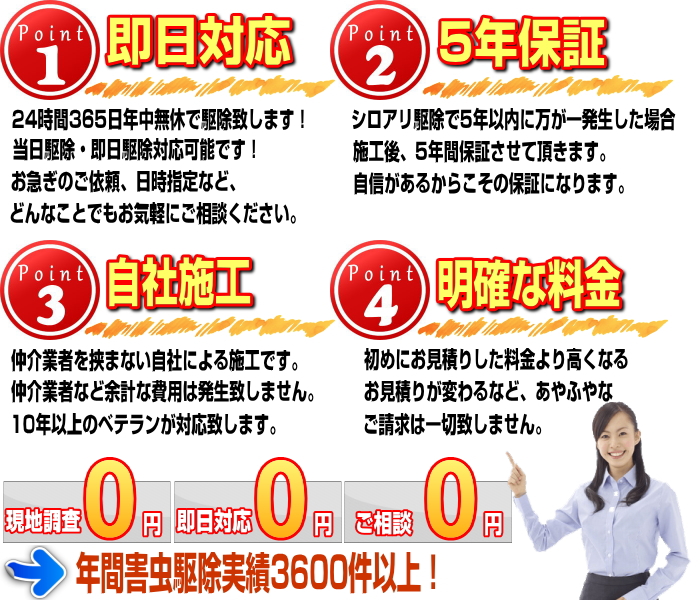害虫駆除の実績は年間3600件以上!完全自社施工による害虫駆除業者です!5年無料保証、10年以上のベテラン駆除スタッフが対応に向かいます!